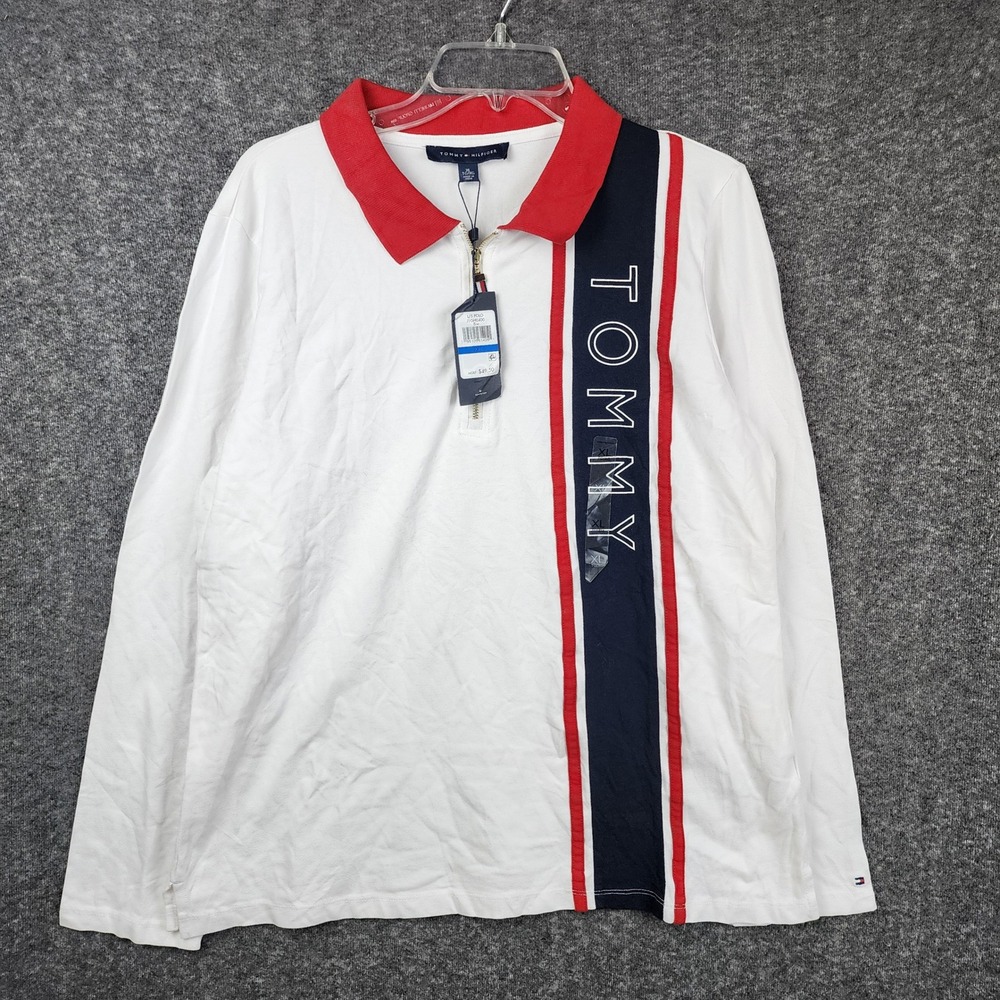 Tommy Hilfiger Long Sleeve Polo Mens XL White Red Blue Quarter Zip Vertical Logo